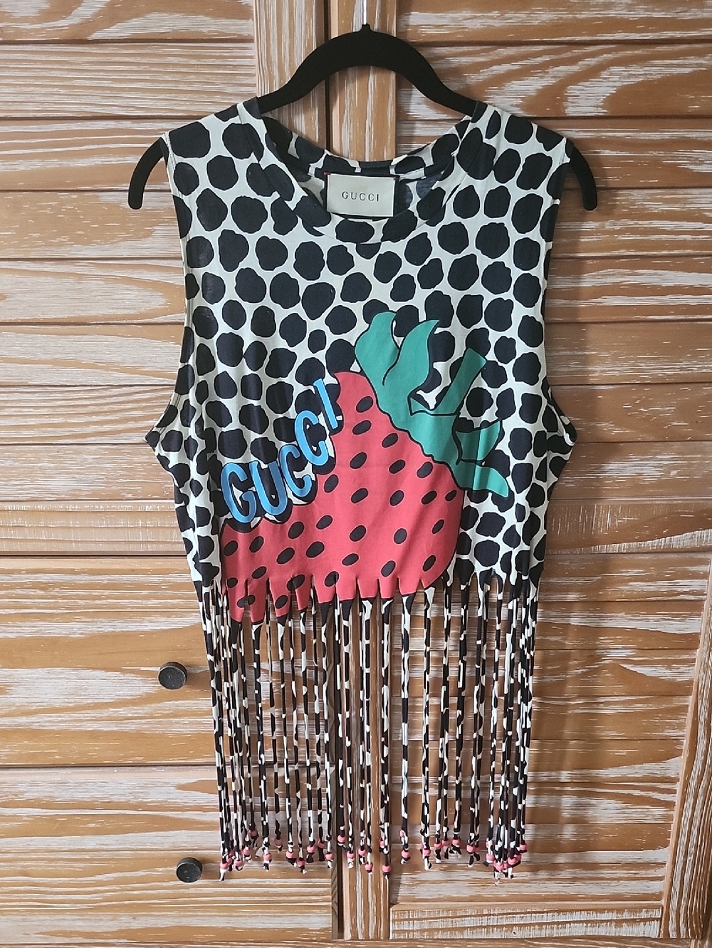 Gucci Black & White Strawberry Fringe Crop Top